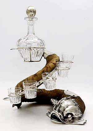 Black Starr and Frost whiskey decanter on long horn sheep horn stand